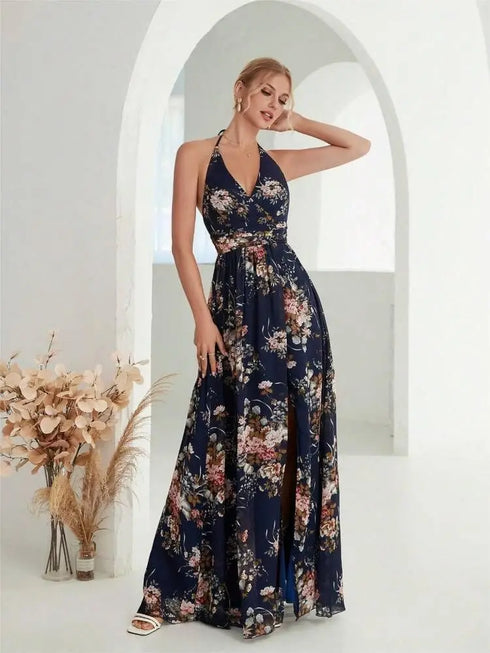 Elegant Flower Print Chiffon Dress for Women - Sexy Halter V Neck Backless Long Summer Fashion Party Dress